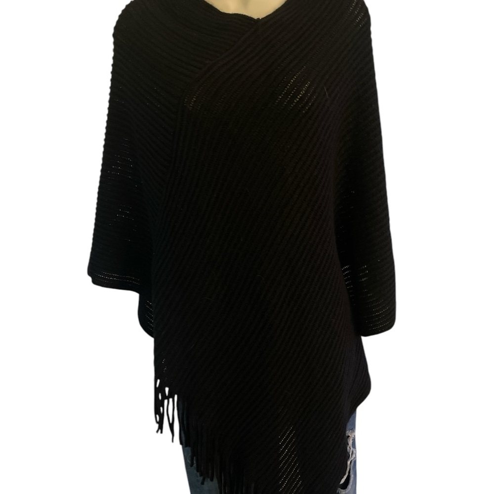 Black Sweater Poncho with Fringe and Loose Fit
